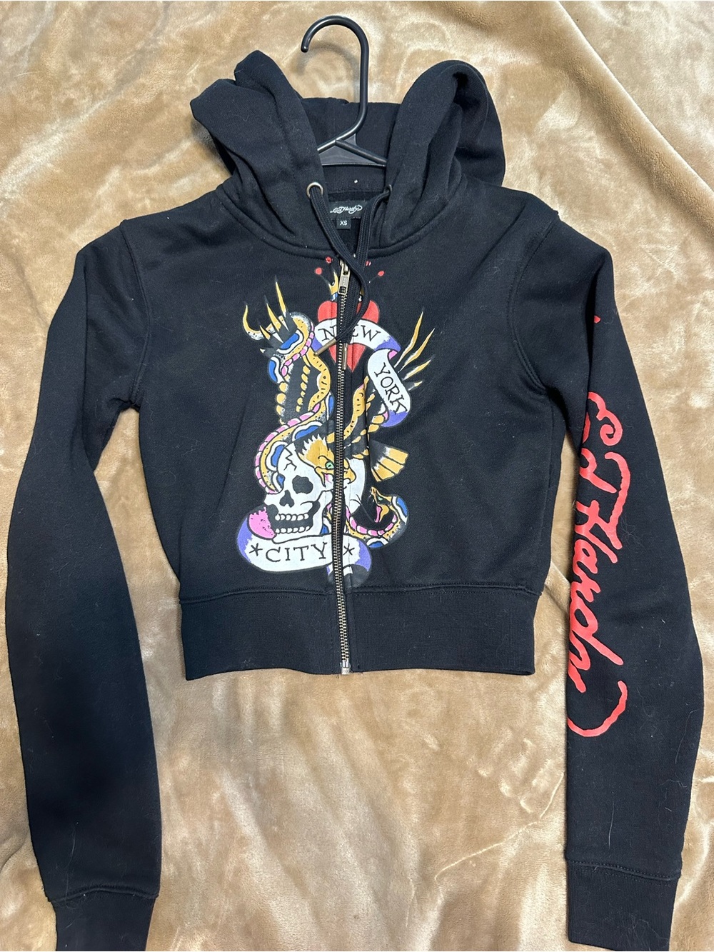 Ed Hardy Black Cropped Zip Hoodie with Multicolor Skull & Snake Graphic
